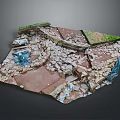 Realistic Broken Ground Model With Colorful Fragments And Green Grass Areas