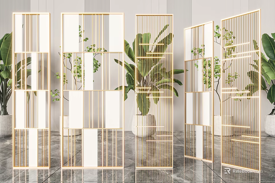 Modern Golden Geometric Room Divider With Green Plants For Interior Decor 3d model 