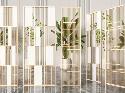 Modern Golden Geometric Room Divider With Green Plants For Interior Decor 3d model