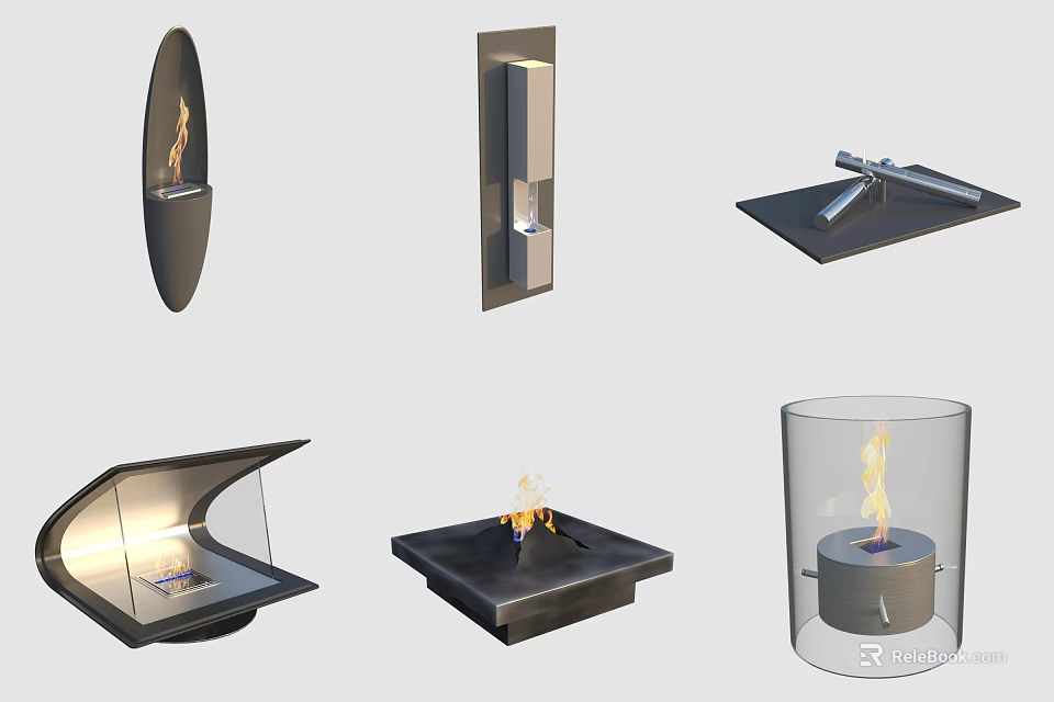 Modern Fireplace Designs Including Glass Metal Frames And Real Burning Flame 3d model