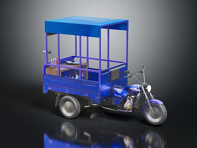 Blue Three Wheeler Motorcycle with Canopy Covered Cargo Area for Mobile Vending Setup 3d model