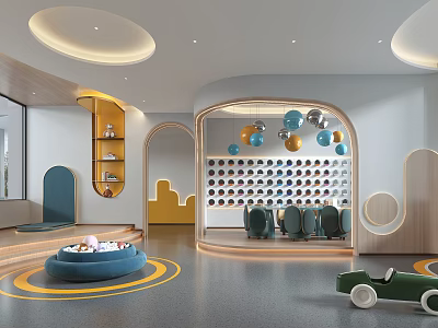 Modern Children's Play Area Interior Design With Colorful Balls Blue Seating And Green Toy Car 3d model