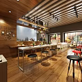 Modern Restaurant Interior With Wooden Elements Open Kitchen Counter Black Stools And Striped Ceiling Decor 3d model