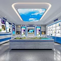 Modern Educational Classroom With Blue Walls White Shelves Sky Ceiling And Display Items