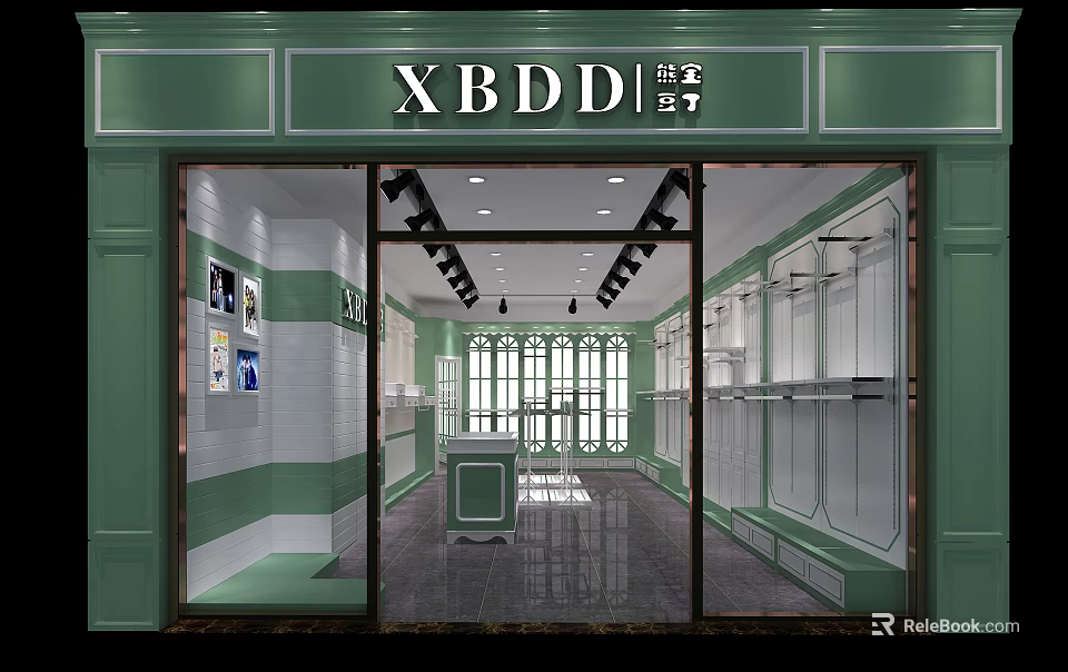 Green And White Clothing Store Interior With Glass Door And Fashion Displays 3d model 