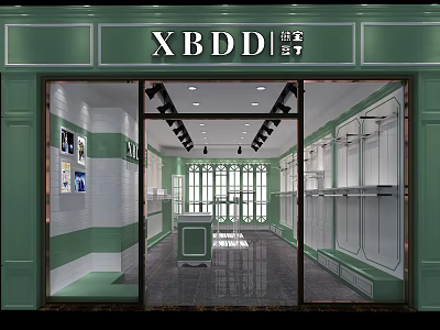 Green And White Clothing Store Interior With Glass Door And Fashion Displays 3d model