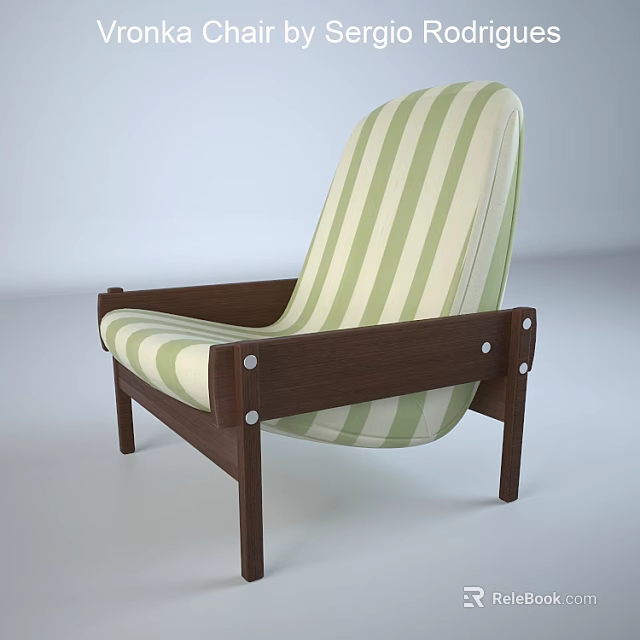 Modern Lounge Chair With Green And White Striped Upholstery And Wooden Frame 3d model 