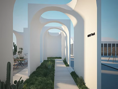 Modern Minimalist Elevator Hallway With White Arched Structures Green Plants Stone Pathway 3d model