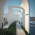 Modern Minimalist Elevator Hallway With White Arched Structures Green Plants Stone Pathway