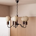 Chandelier With White Globe Shades Black Chain Hanging In Room With Wooden Cabinets Window Blinds