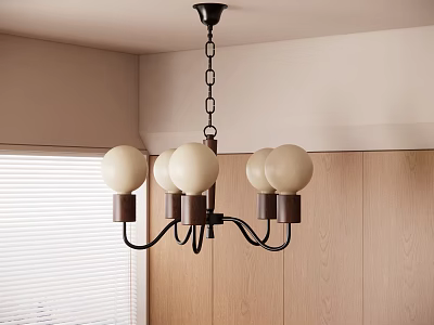 Chandelier With White Globe Shades Black Chain Hanging In Room With Wooden Cabinets Window Blinds 3d model