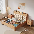 Wooden Double Bed with Headboard Nightstand Table Lamp Potted Plant and Wall Art Near Window