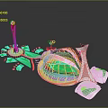 Architectural Ensemble With Modern Dome Structure Tall Pink Tower And Green Landscaped Area
