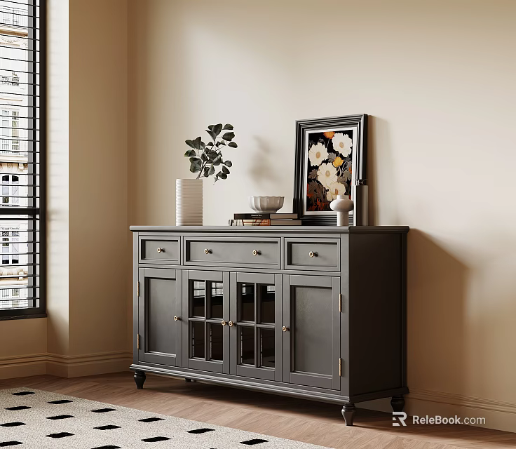 Gray Entryway Cabinet And Sideboard With Glass Doors Drawers Green Plant And Framed Artwork 3d model 
