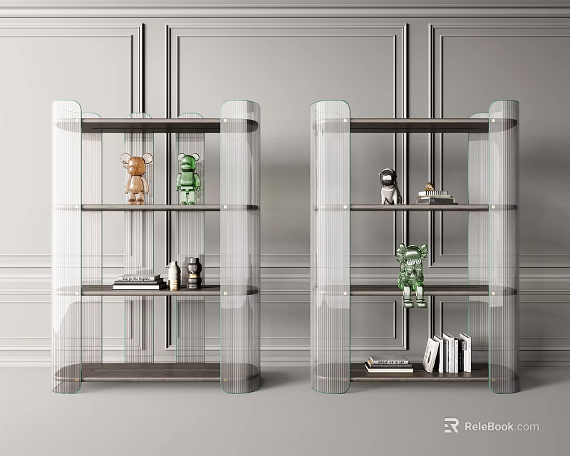 Modern Transparent Glass Bookcase With Decorative Figurines Books And Small Decor Items 3d model 