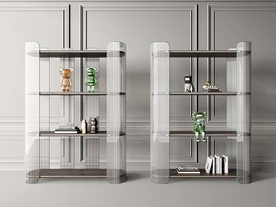 Modern Transparent Glass Bookcase With Decorative Figurines Books And Small Decor Items 3d model