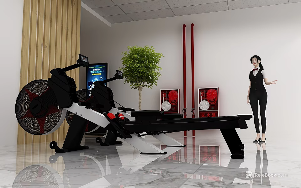 Fitness Equipment Manufacturing Facility With Rowing Machine Digital Display And Green Plant 3d model 