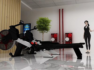 Fitness Equipment Manufacturing Facility With Rowing Machine Digital Display And Green Plant 3d model