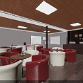 Modern Property Sales Office Interior With Red White Sofas Round Tables And Wooden Ceiling