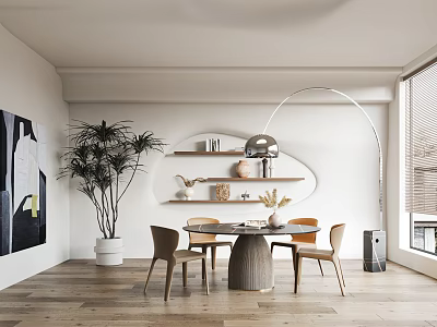 Minimalist Modern Restaurant Interior With Round Dining Table Chairs Wall Shelves Plant Decor And Floor Lamp 3d model