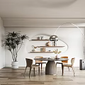 Minimalist Modern Restaurant Interior With Round Dining Table Chairs Wall Shelves Plant Decor And Floor Lamp