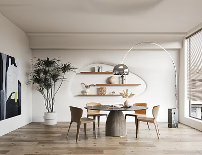Minimalist Modern Restaurant Interior With Round Dining Table Chairs Wall Shelves Plant Decor And Floor Lamp 3d model