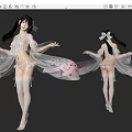 Elegant Woman in Sheer Robe with Flowing Sleeves Bow Hair Accessory and White Stockings