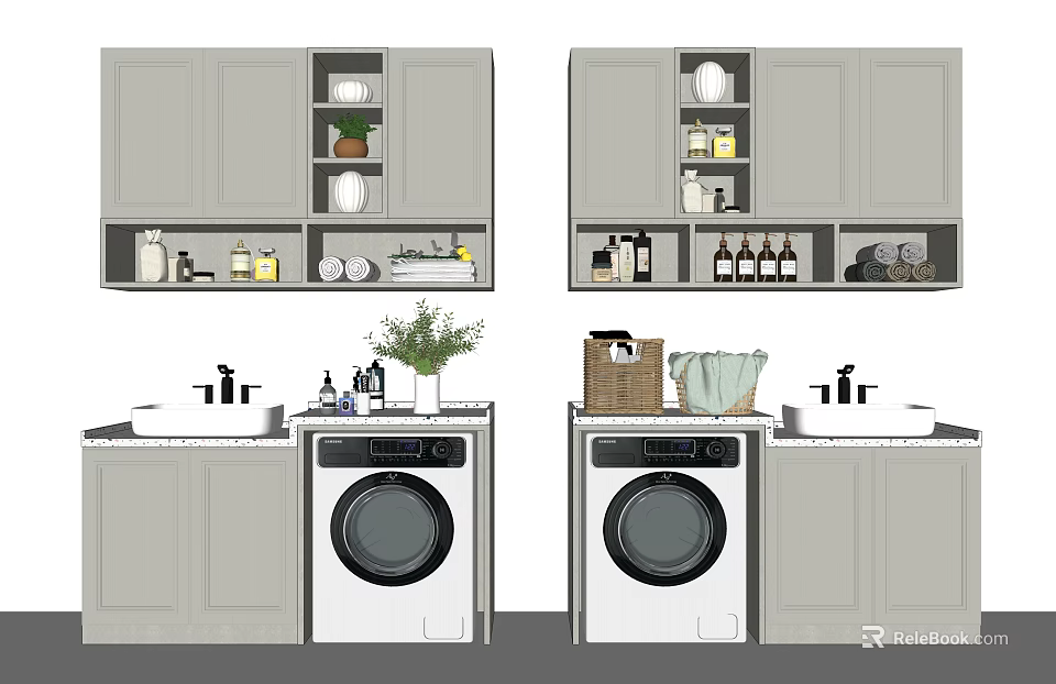 Modern Light Grey Bathroom Cabinet With Washing Machine And Storage Shelves 3d model 