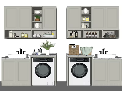 Modern Light Grey Bathroom Cabinet With Washing Machine And Storage Shelves 3d model