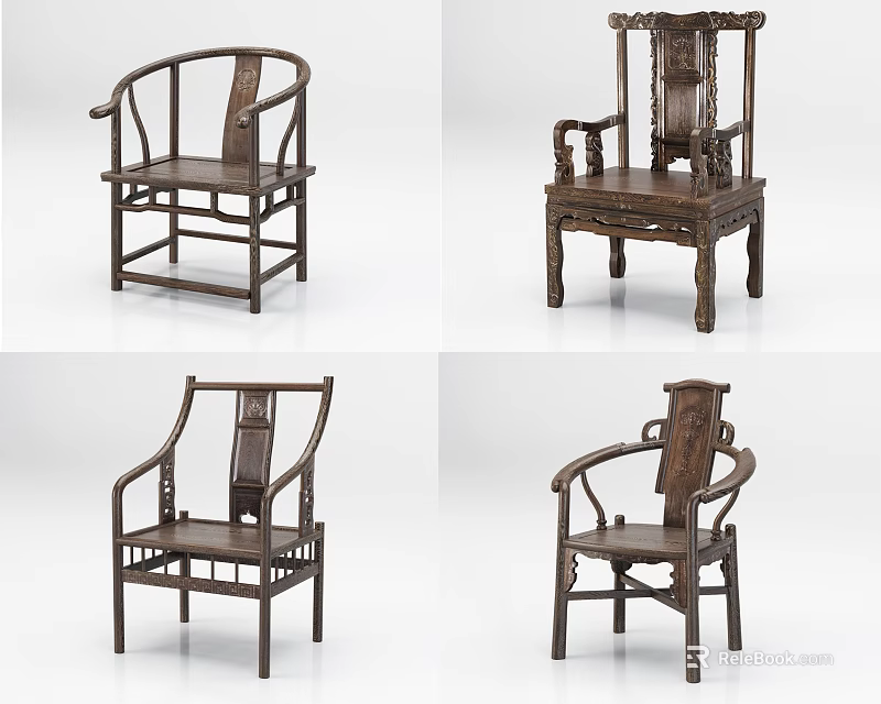 Intricate Traditional Wooden Armchairs Featuring Ornate Carvings And Classic Design Styles 3d model 