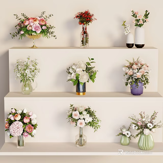 Decorative Ornament Set With Multiple Vases Flowers On Layered Shelf 3d model 