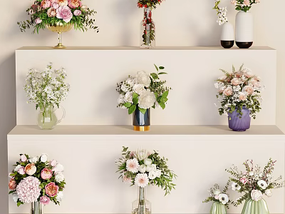Decorative Ornament Set With Multiple Vases Flowers On Layered Shelf 3d model