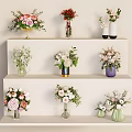 Decorative Ornament Set With Multiple Vases Flowers On Layered Shelf 3d model