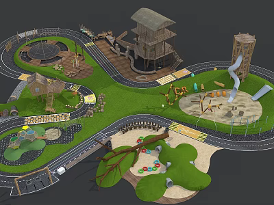Kids Playground Design With Wooden Tower Slide Track Sandpit And Grass Area 3d model