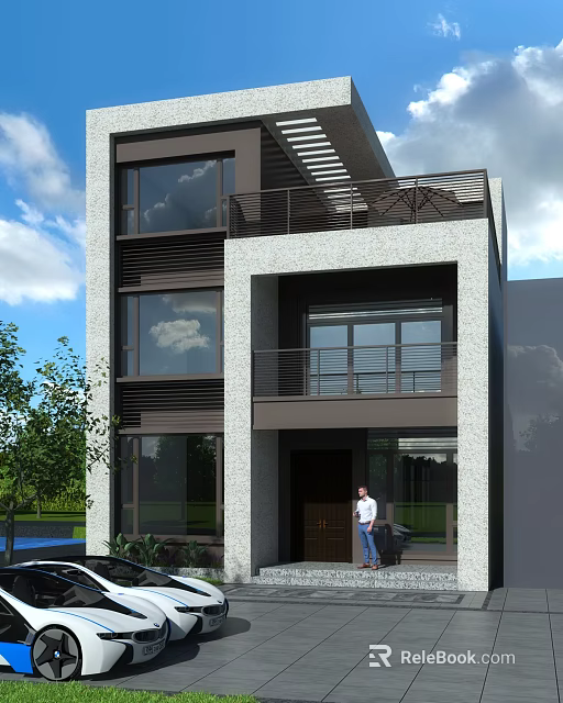 Modern Three Story Detached Villa Exterior With Large Windows Balconies And Greenery 3d model 