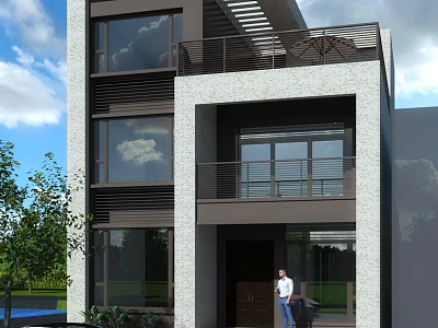 Modern Three Story Detached Villa Exterior With Large Windows Balconies And Greenery 3d model