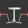 Elegant Round Silver Table And Two Red Chairs With Metal Frame In Reflective Surface