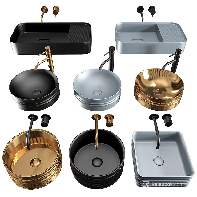 Modern Round Square Washbasins in Black Silver Gold with Faucet Fixtures 3d model 
