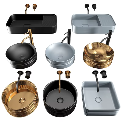 Modern Round Square Washbasins in Black Silver Gold with Faucet Fixtures 3d model