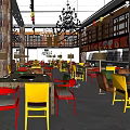 Vibrant Restaurant Interior With Colorful Chairs Wooden Tables And Chandeliers
