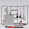 Black Metal Curved Clothes Hanger with Hanging Clothes Decorative Vases and White Counter