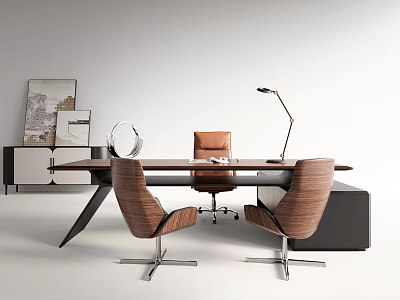 Modern Office Desk with Two Wooden Chairs Metal Desk Lamp and Background Decorative Art 3d model