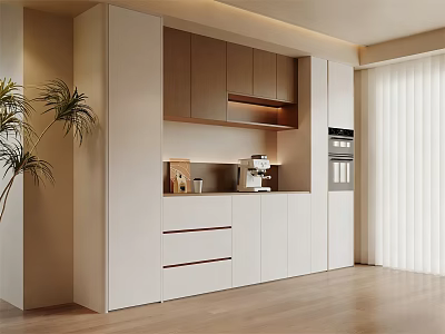 Modern Sideboard With Light Wood Cabinets Drawers And Coffee Machine In Bright Interior 3d model