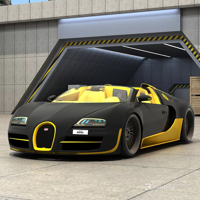 Black And Yellow Bugatti Sports Car Parked In Garage With Gray Walls And Warning Stripes 3d model 