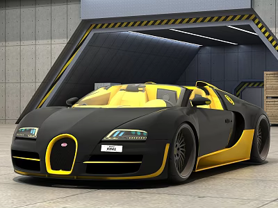 Black And Yellow Bugatti Sports Car Parked In Garage With Gray Walls And Warning Stripes 3d model