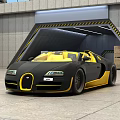 Black And Yellow Bugatti Sports Car Parked In Garage With Gray Walls And Warning Stripes