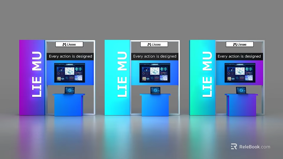 Exhibition Display Shelves Featuring Gradient Blue Purple Screens LEE MU Brand And Design Texts 3d model 