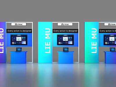 Exhibition Display Shelves Featuring Gradient Blue Purple Screens LEE MU Brand And Design Texts 3d model