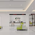 Modern Bank Interior With Green Sofas Glass Doors And Plants In Lobby