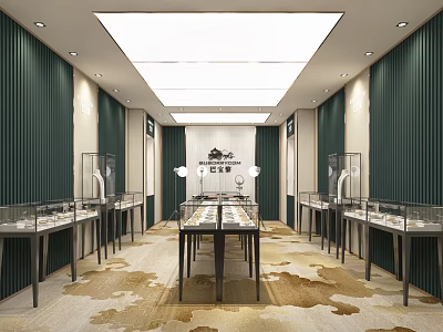 Luxurious Jewelry Store Interior With Glass Display Cases Green Walls Bright Lighting And Patterned Carpet 3d model